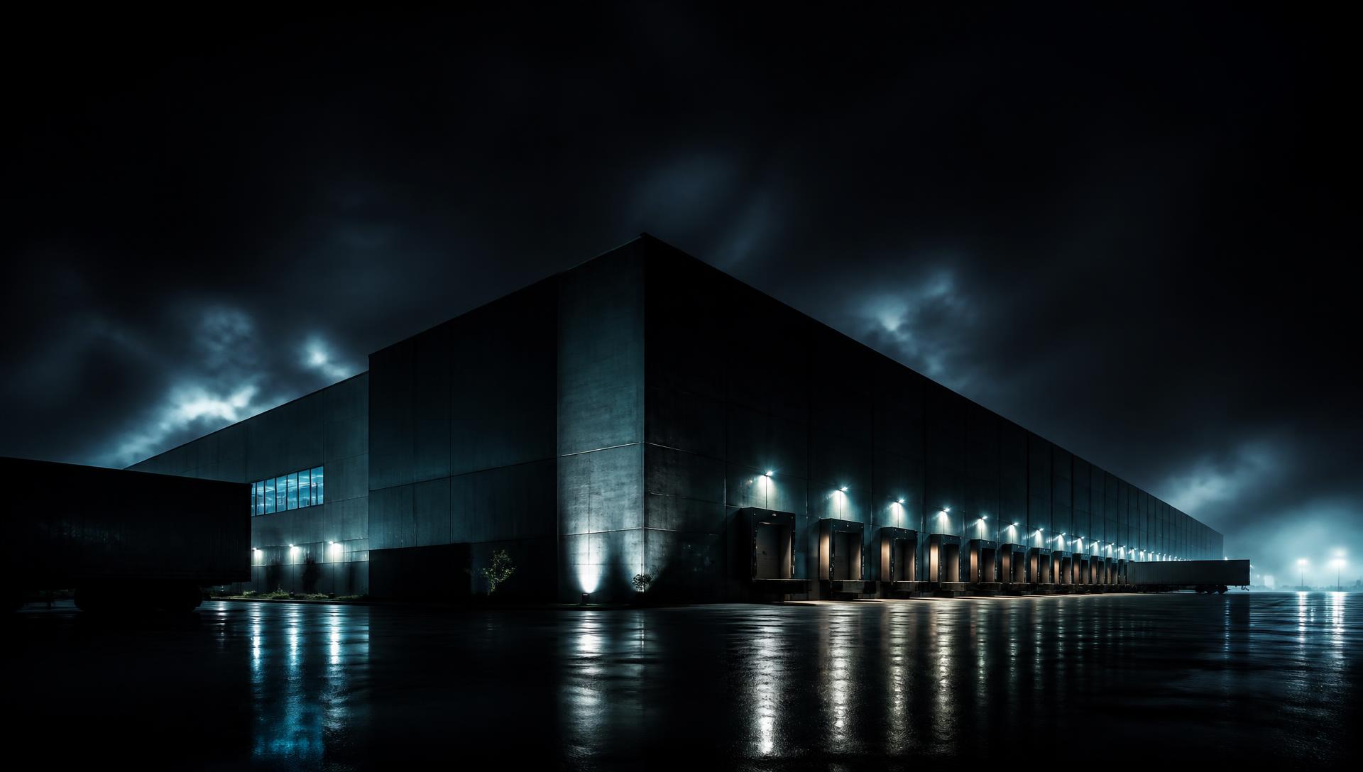 Industrial logistics facility at night with illuminated loading docks